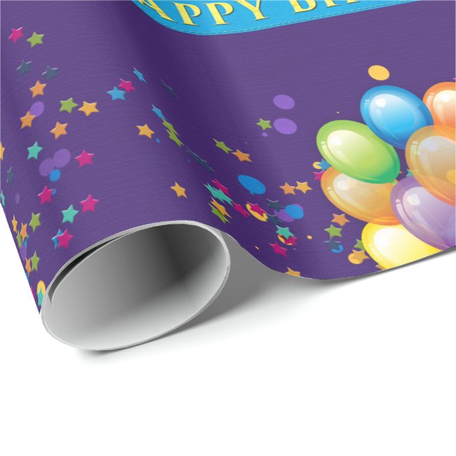 Papier Cadeau Joyeux Ballons d'anniversaire violet (Coin rond)