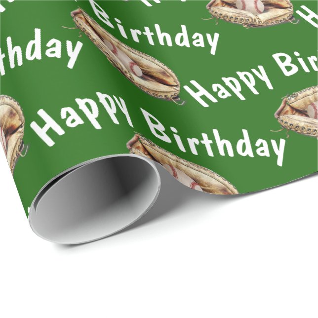 Papier Cadeau Joyeux baseball d'anniversaire en gant (Coin rond)