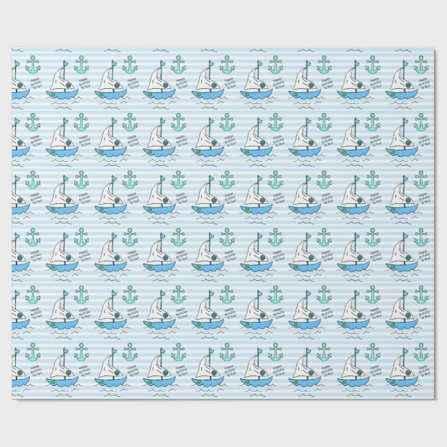 Papier Cadeau Joyeux bateau à voile bleu anniversaire (Plat)