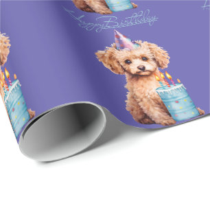 Papier Cadeau Joyeux caniche d'anniversaire avec Casquette de fê