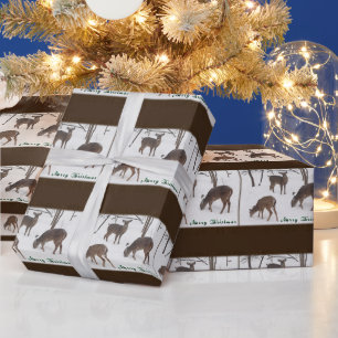 Papier Cadeau Joyeux Cerf blanc de Noël en neige