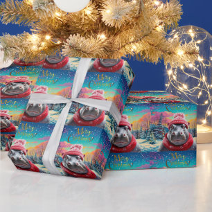 Papier Cadeau Joyeux chapeau et foulard de Noël Hippo