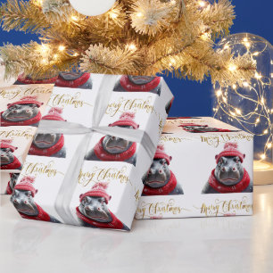 Papier Cadeau Joyeux chapeau et foulard de Noël Hippo