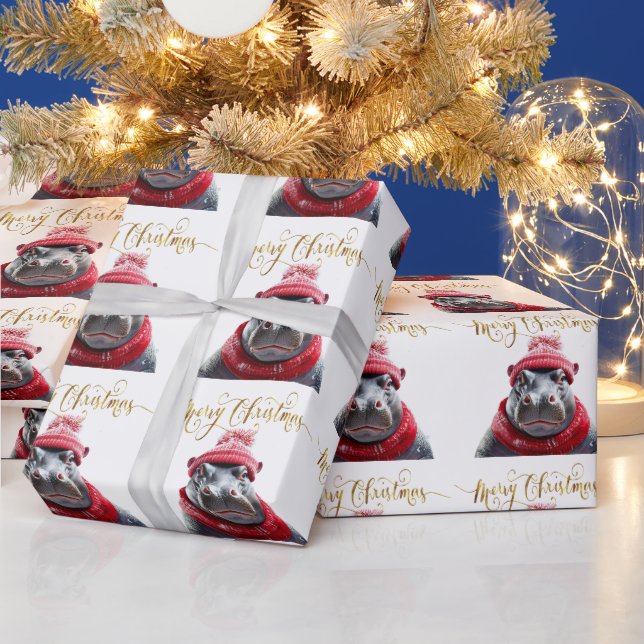 Papier Cadeau Joyeux chapeau et foulard de Noël Hippo (Vacances)