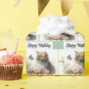 Papier Cadeau Joyeux Chaton D'Anniversaire Dans Le Jardin