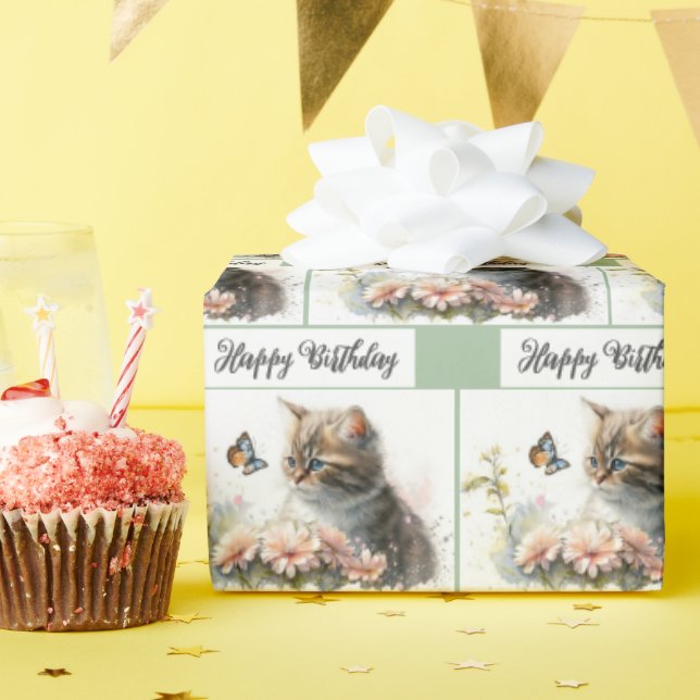 Papier Cadeau Joyeux Chaton D'Anniversaire Dans Le Jardin (Fête d'anniversaire)