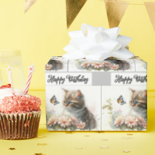 Papier Cadeau Joyeux Chaton D'Anniversaire Dans Le Jardin