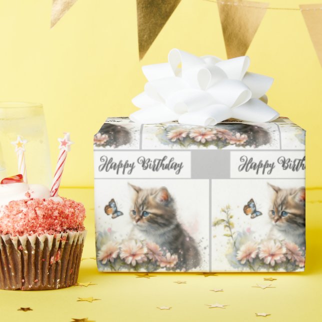 Papier Cadeau Joyeux Chaton D'Anniversaire Dans Le Jardin (Fête d'anniversaire)