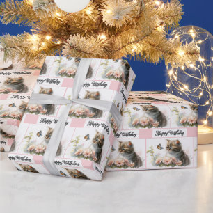 Papier Cadeau Joyeux Chaton D'Anniversaire Dans Le Jardin