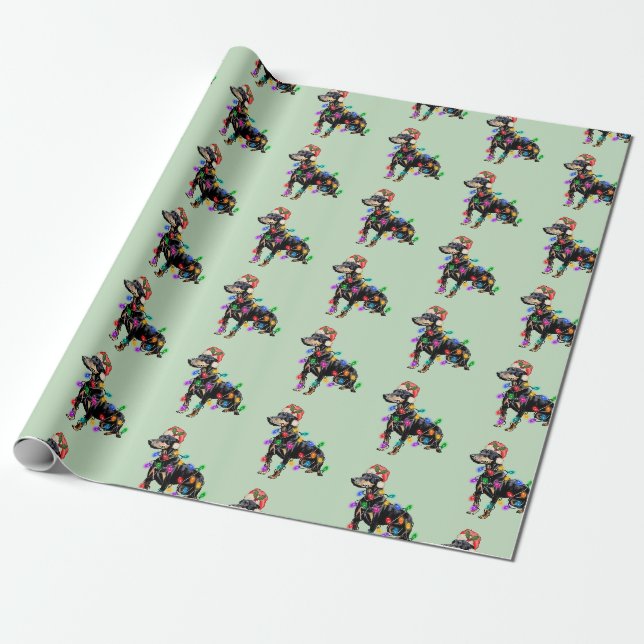 Papier Cadeau Joyeux chien Doberman de Noël à Père Noël Casquett (Déroulé)