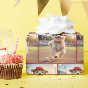 Papier Cadeau Joyeux Chiot Coureur Sur Un Terrain De Baseball
