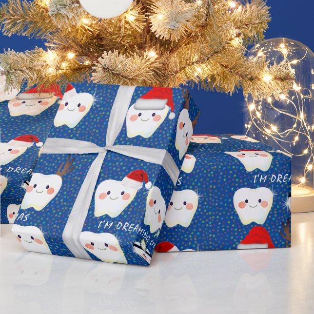 Papier Cadeau Joyeux Dents et Noël bleu neige (Vacances)