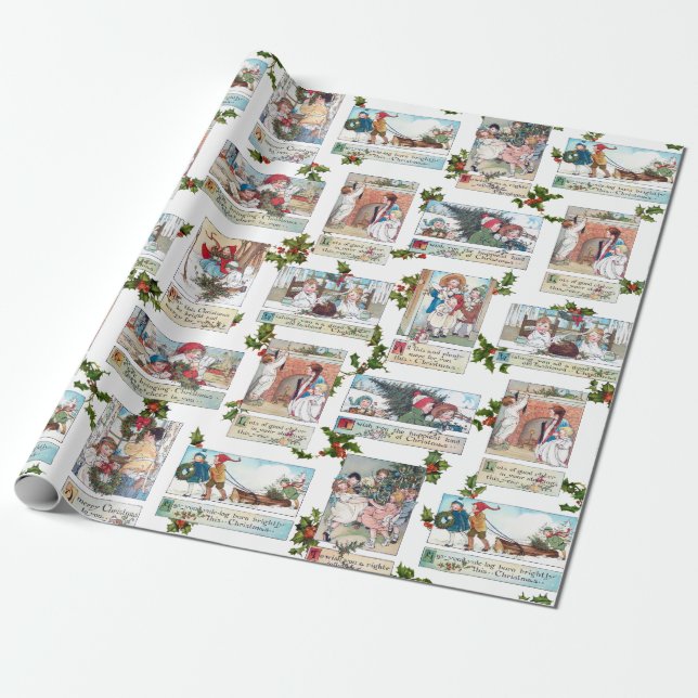 Papier Cadeau Joyeux Enfants victoriens avec voeux de Noël (Déroulé)