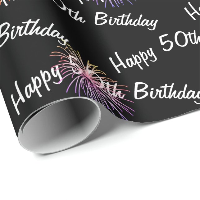 Papier Cadeau Joyeux feu d'artifice du 50e anniversaire sur noir (Coin rond)