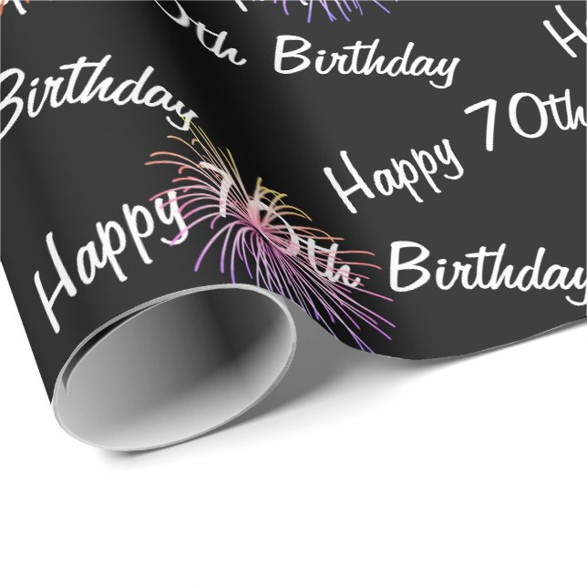 Papier Cadeau Joyeux feu d'artifice du 70e anniversaire sur noir (Coin rond)