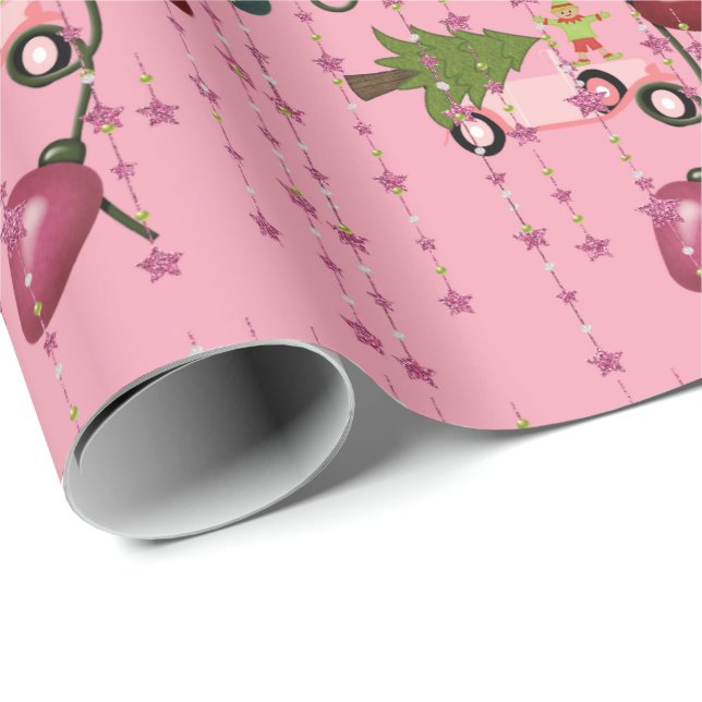 Papier Cadeau Joyeux feu de Noël Pink Voiture papier d'enveloppe (Coin rond)