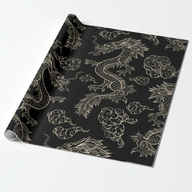 Papier Cadeau Joyeux guerrier chinois du nouvel an dragon (Déroulé)