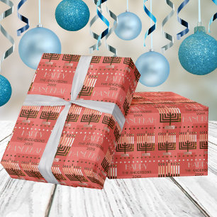Papier Cadeau Joyeux Hanoukka Menorah Motif corail coloré