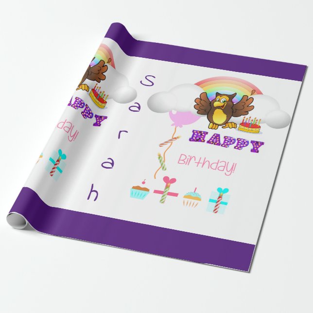 Papier Cadeau Joyeux hibou de papier d'enveloppement d'anniversa (Déroulé)