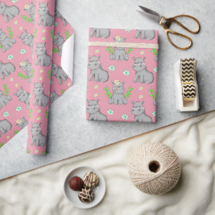 Papier Cadeau Joyeux hippopotames et fleurs