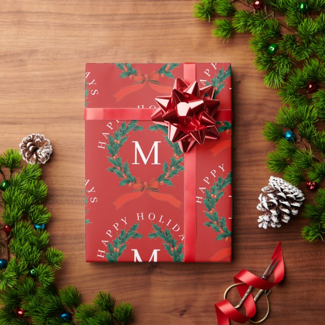 Papier Cadeau Joyeux Joyeux Jours Personnalisés Monogramme Rouge (Cadeau de vacances)