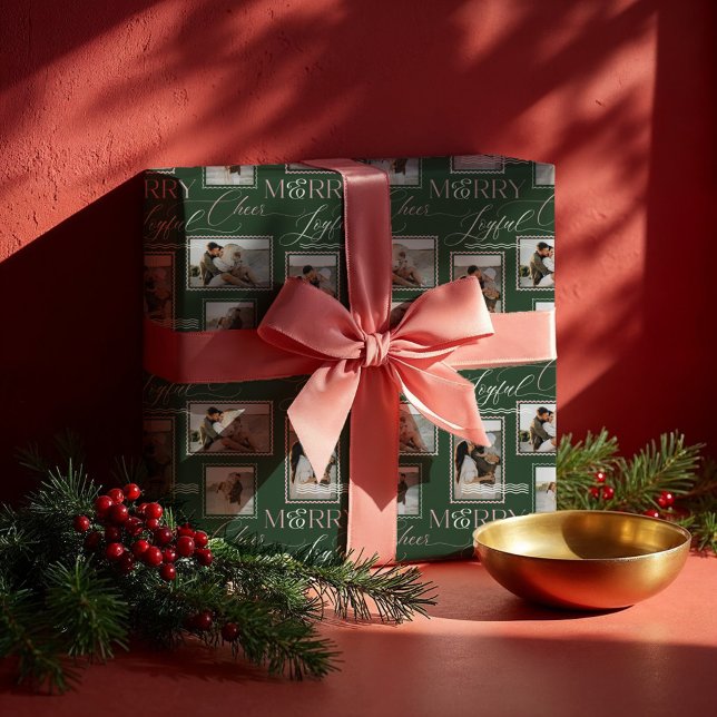 Papier Cadeau Joyeux Joyful Cheer Wavy Retro Modern Photo Collag (Merry Joyful Cheer Wavy Retro Modern Photo Collage Wrapping Paper)