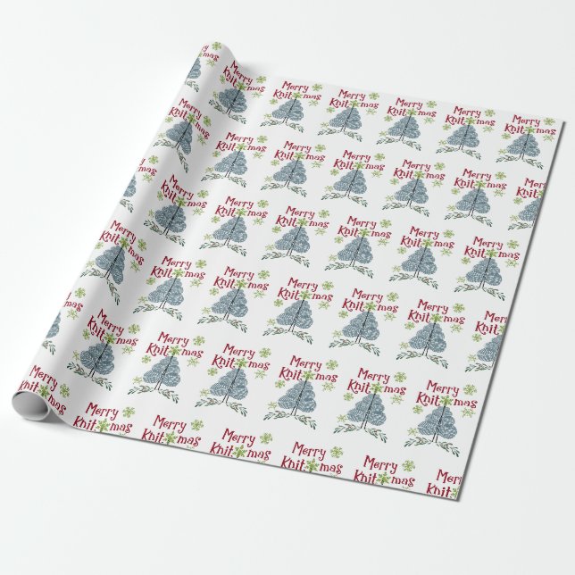 Papier Cadeau Joyeux Knitmas Fils de Noël Arbre Tricot Fête (Déroulé)