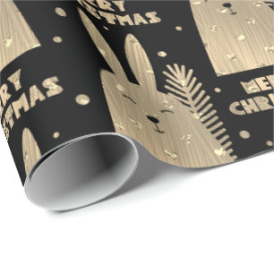 Papier Cadeau Joyeux lapin de Noël Sepia Gold Metallic Black