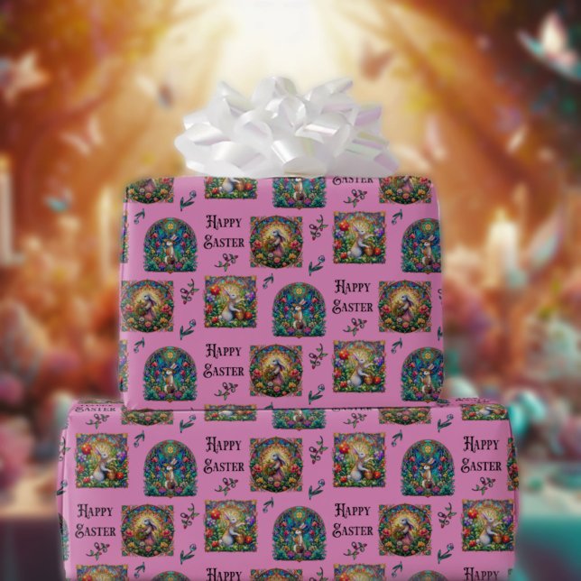 Papier Cadeau Joyeux lapin de Pâques rose Élégant verre tendu (Créateur téléchargé)