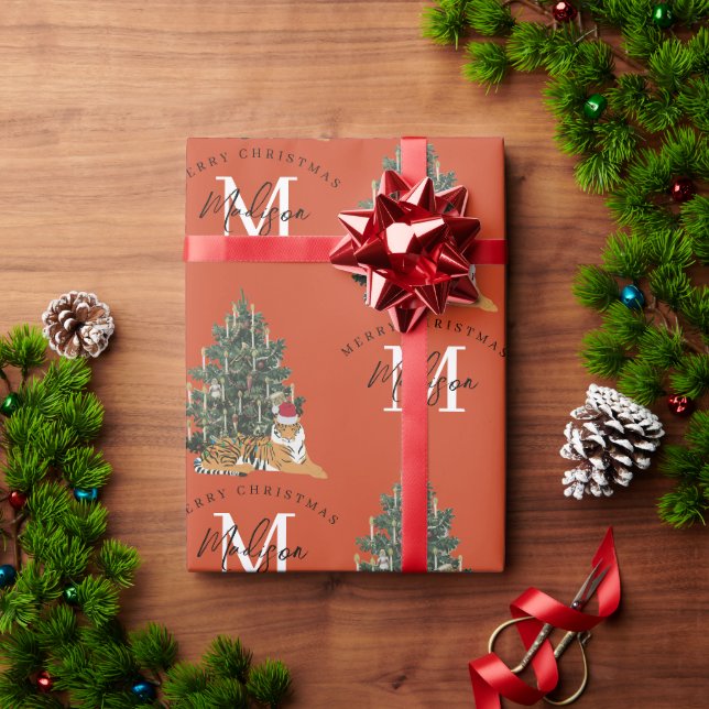 Papier Cadeau Joyeux Monogramme de Noël personnalisé Tigre et Ar (Cadeau de vacances)