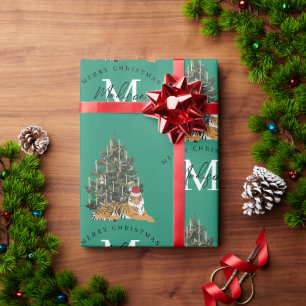 Papier Cadeau Joyeux Monogramme de Noël personnalisé Tigre et ve