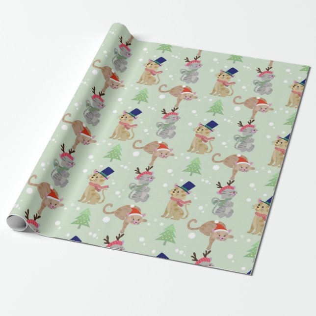 Papier Cadeau Joyeux Motif de Noël des chats (Déroulé)