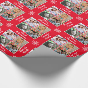 Papier Cadeau Joyeux Noël 4 Photo Collage Nom de famille Rouge
