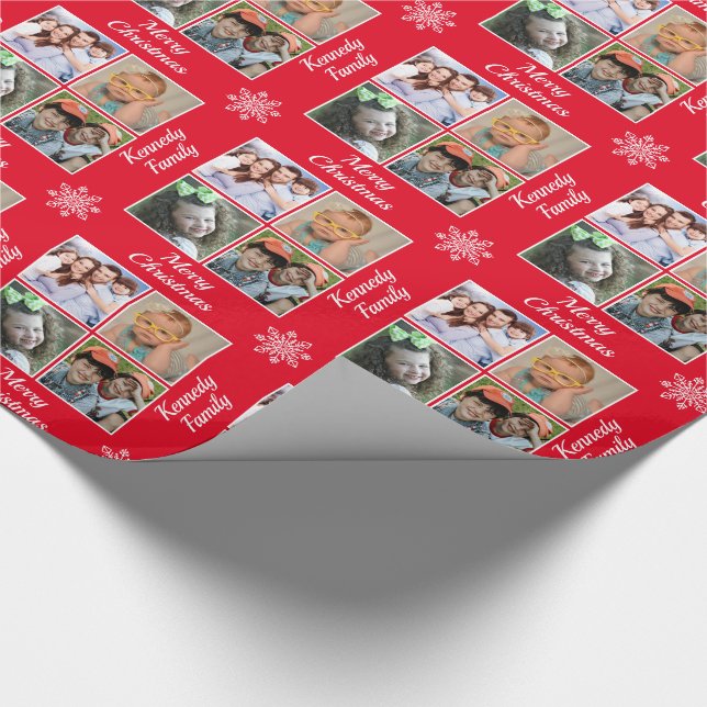 Papier Cadeau Joyeux Noël 4 Photo Collage Nom de famille Rouge (Coin)