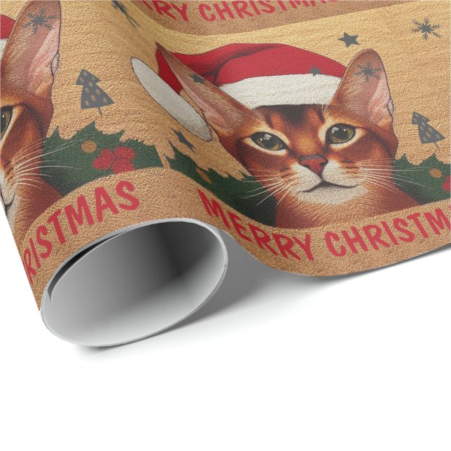 Papier Cadeau Joyeux Noël Abyssinian Chat, Noël Père Noël Kitten (Coin rond)