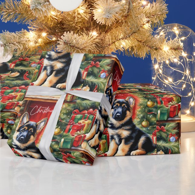 Papier Cadeau Joyeux Noël Allemand Berger Chiot (Vacances)