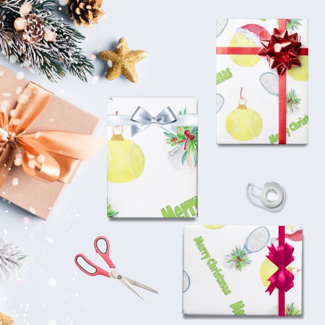 Papier Cadeau Joyeux Noël Aquarelle Raquette Et Boules De Tennis (Créateur téléchargé)