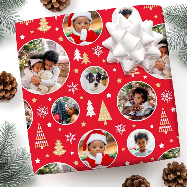 Papier Cadeau Joyeux Noël Arbres Snowflakes Photo Collage Rouge (Créateur téléchargé)