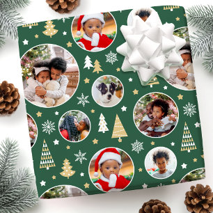 Papier Cadeau Joyeux Noël Arbres Snowflakes Photo Green