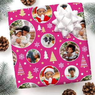 Papier Cadeau Joyeux Noël Arbres Snowflakes Photo Rose