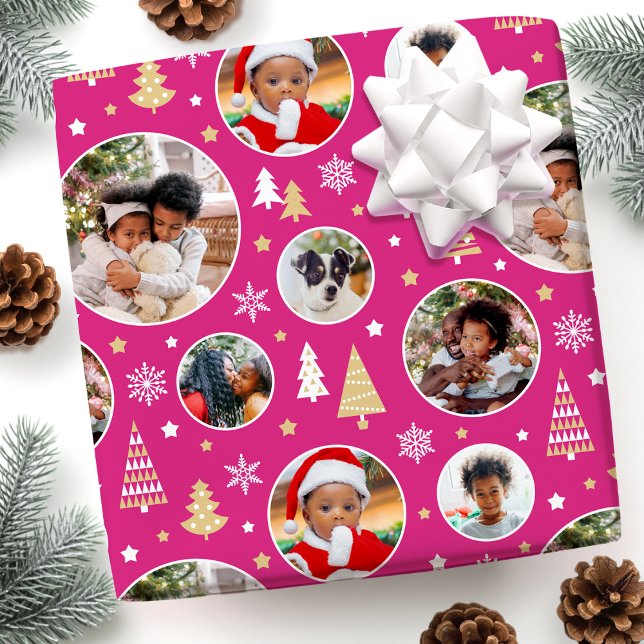Papier Cadeau Joyeux Noël Arbres Snowflakes Photo Rose (Créateur téléchargé)