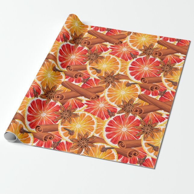 Papier Cadeau Joyeux Noël aux agrumes et épices orange rouge (Déroulé)