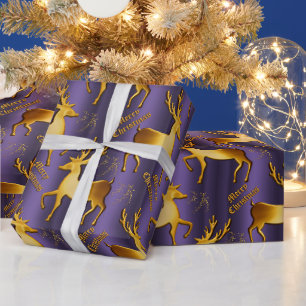Papier Cadeau Joyeux Noël aux rennes pourpres et dorés