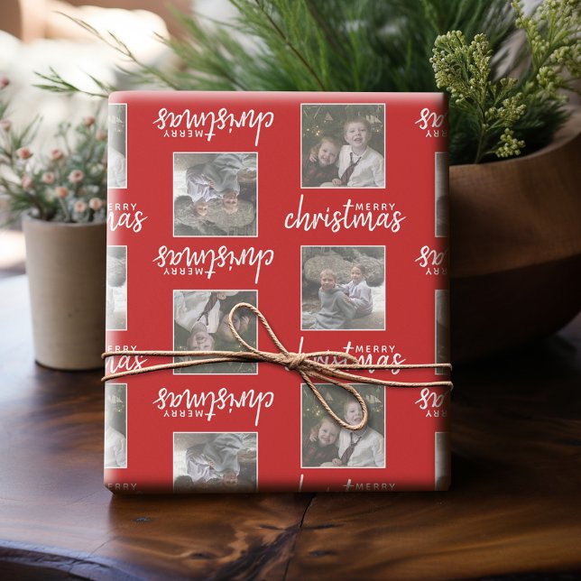 Papier Cadeau Joyeux Noël avec deux photos Carrés - rouge (Personalized Photo Wrapping Paper)