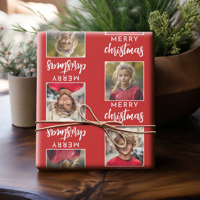 Papier Cadeau Joyeux Noël avec deux photos Carrés - rouge (Personalized Photo Wrapping Paper)
