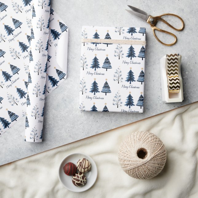 Papier Cadeau Joyeux Noël bleu et or moderne Rouleau (Artisanat)
