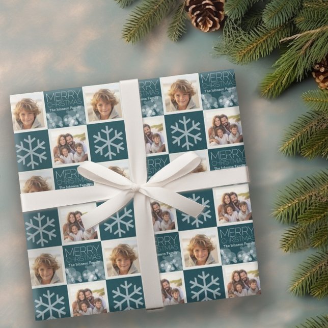 Papier Cadeau Joyeux Noël bleu livre personnalisé (Personalized wrapping paper with 2 photos)