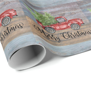 Papier Cadeau Joyeux Noël Bois Rustique Et Chariot Rouge