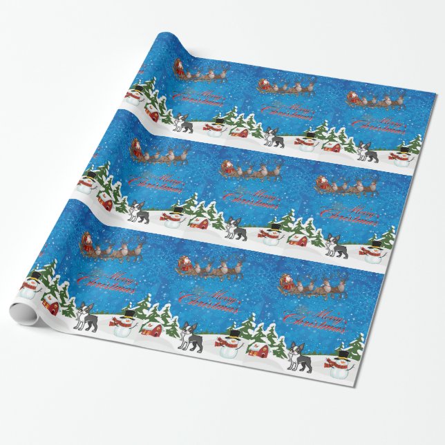 Papier Cadeau Joyeux Noël Boston Terrier (Déroulé)