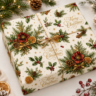 Papier Cadeau Joyeux Noël Botanique de Luxe Écriture de Fêtes